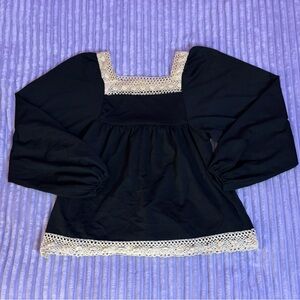🖤 Black Puff-Sleeve Top w/ Crochet Lace Trim – Cottage Goth Vibes 🖤